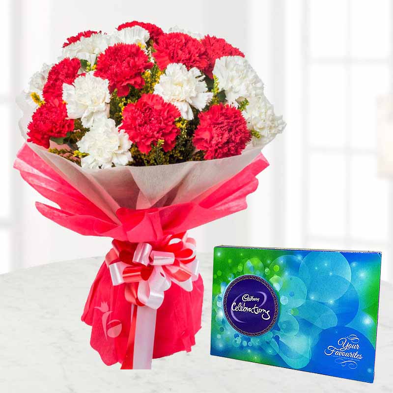 10 Red and White Carnations Bunch And Cadbury Celebrations Box
